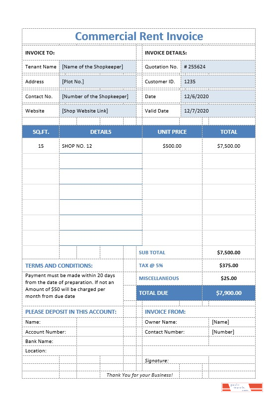 Commercial Rent Invoice Template PSD template